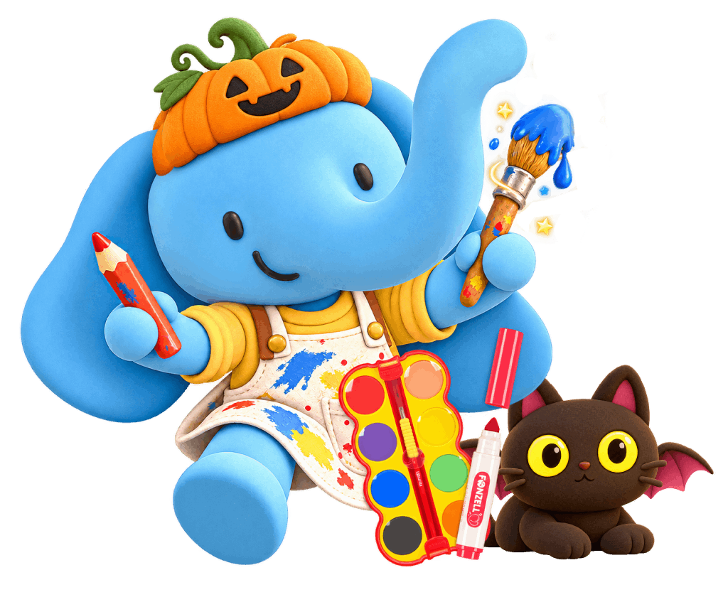 FONZELL elephant painting with a Halloween cat